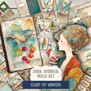 May include: A collection of vintage-style ephemera for junk journaling, featuring a large open book with watercolor illustrations of cherries and leaves. The kit includes tags, envelopes, and other decorative elements with a muted color palette. The text reads "Junk Journal Mega Kit" and "Cusp of Winter".