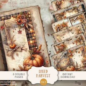 以下が含まれることがあります： 「Lined Harvest Vol. 2」のテキストが入った、カボチャと花の模様のヴィンテージスタイルのジャーナル。ジャーナルには6つのダブルページが含まれており、即時ダウンロードできます。デザインには秋の色と装飾的な要素が組み込まれています。
