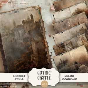 May include: A vintage-style digital download featuring a Gothic castle illustration. The image shows a large book with the castle image and several smaller pages with the same design. The text on the image reads "Gothic Castle Vol. 3" and "6 Double Pages."