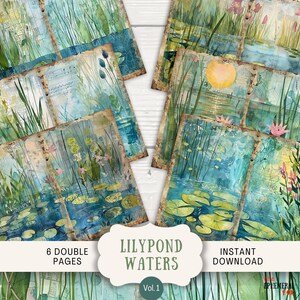 Páginas de diário de sucata do pântano Lilypond, 6 páginas de álbum de recortes digitais, 11 x 8,5" Imprimível Diário Ephemera, Papel Artesanal 3d Diário de sucata lago rio