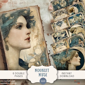 May include: A vintage-style journal with a portrait of a woman with blue accents, alongside several smaller cards with similar imagery. The journal is labeled "Moonlit Muse Vol 4" with "6 Double Pages" and "Instant Download" text.