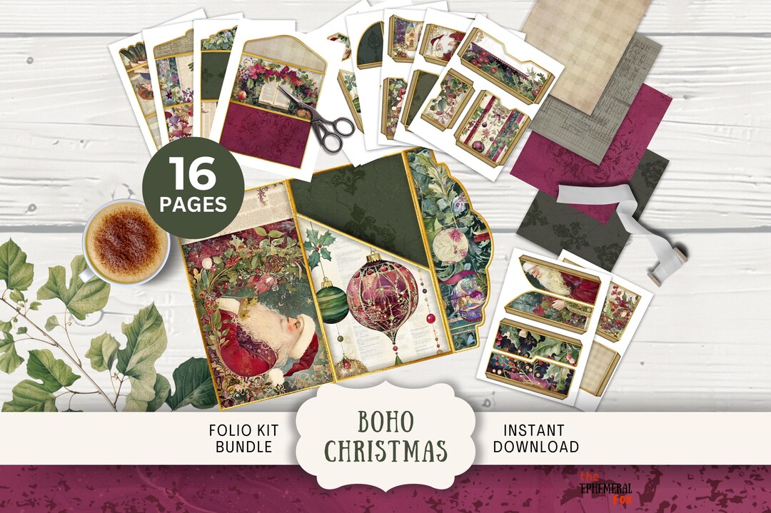 Boho Christmas Junk Journal Folio Kit, 16 Digital Mix and Match Pages ...