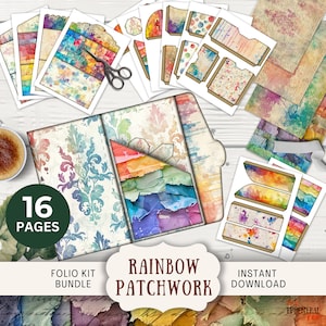 Diario basura con diseño de patchwork de arcoíris, 16 páginas y bolsillos para combinar y mezclar de forma digital, 11 x 8,5", folio tríptico brillante y repleto de imprimibles digitales