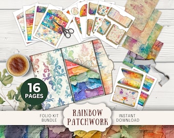 Rainbow Patchwork Junk Journal Folio, 16 Digital Mix and Match Pages and Pockets 11 x 8.5&quot; Digital Printables  loaded bright trifold folio