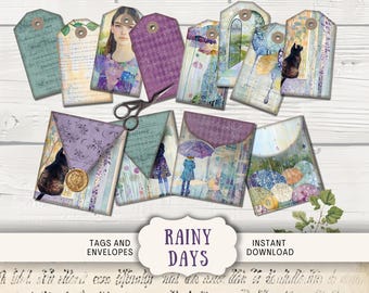 Rainy Day Junk Journal Efemere tags en enveloppen 4 digitale afdrukbare papiermodellen, grillige vintage rubberlaarzen regen lente hemel paraplu PARD