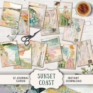Pink Coastal Junk Journal Cards 12 cartoline digitali ATC stampabili, effimere, carta artigianale oceano spiaggia estate pastello patchwork mare PKCL