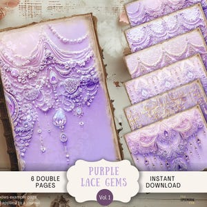 Gemstone Junk Journal Pagina 6 Carta per album digitale 11 x 8,5" Arte stampabile Pizzo viola e gemme Pietre preziose Cristallo Viola Sogno PPGM