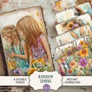 Páginas de diario basura de primavera arcoíris, 6 papeles para álbumes de recortes digitales, 11 x 8,5 pulgadas, para imprimir con arte, flores extravagantes doradas, florales, pastel, colorido, rosa, RBSP
