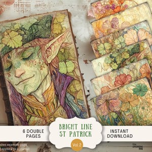 Linie gezeichnet St Patricks Day Junk Journal Seiten 6 Digital Scrapbook Papiere 11 x 8,5" Art Printable Kleeblatt Boho Aquarell SPLI