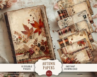 May include: An autumnal-themed journal and paper set. The journal cover is decorated with fall leaves, berries, and lace. The set includes six double pages and is available for instant download.
