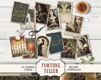 Fortune Teller Junk Journal Cards 12 Digital ATC Postcards Printable Ephemera, Paper Craft vintage victorian mystic crystal ball tarot FTTR
