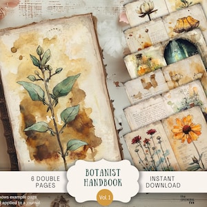Botanist Handbook Junk Journal Pages 6 fogli di carta per scrapbooking digitale 11 x 8,5" Whimsical Printable Vintage Victorian Botanical Field Guide BTHB
