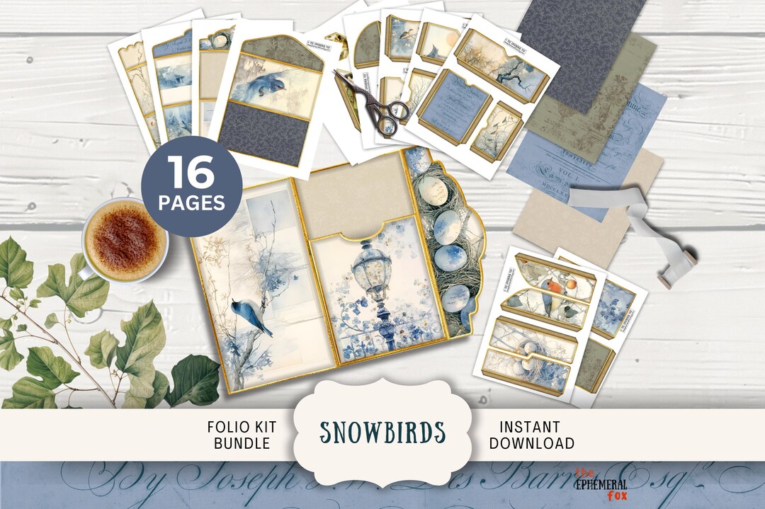 Snow Birds Junk Journal Folio Kit, 16 Digital Mix and Match Pages ...