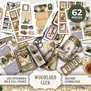 May include: A collection of woodland-themed ephemera, including tags, frames, and journal cards. The set features vintage illustrations of owls, deer, and forest scenes. The words "Woodland Glen" and "Instant Download" are visible.