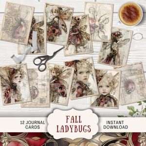 May include: A collection of vintage-style journal cards featuring illustrations of fairies and ladybugs. The cards have a sepia tone and are arranged on a white wooden surface. The words "Fall Ladybugs" are displayed on a decorative label.
