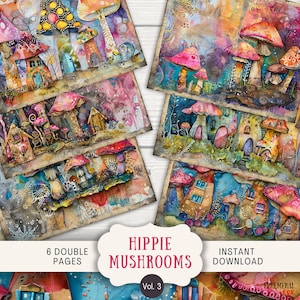 Pages de journal indésirable aux champignons hippies, 6 pages de scrapbooking numérique, 11 x 8,5 po., Journal éphémère imprimable d'art, champignon vénéneux psychédélique groovy des années 70