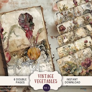 Vintage jardin potager indésirable pages, 6 pages de scrapbooking numérique 11 x 8,5" Art imprimable journal éphémères, patch végétarien victorien VVEG