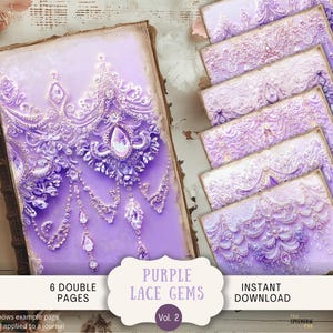Gemstone Junk Journal Pagina 6 Carta per album digitale 11 x 8,5" Arte stampabile Pizzo viola e gemme Pietre preziose Cristallo Viola Sogno PPGM
