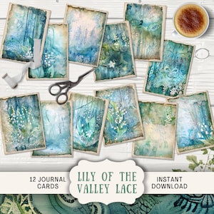 Cartes de journal Lacey Lily Of The Valley, 12 cartes de journal numérique indésirable, journal imprimable éphémère, créations en papier, fleurs éthérées vintage