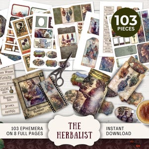 The Herbalist Junk Journal Ephemera Kit- Tags Tickets envelopes ATC cards labels scraps frames snippets,botanical potions apothecary MLHB