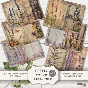 Pages de journal indésirable lavande 6 pager numérique 11 x 8,5, imprimable floral fantaisiste papier craft fleurs violet grungy vintage