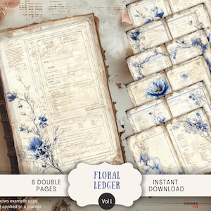May include: A collection of six double-sided ledger pages featuring vintage-style cream paper with blue floral illustrations and printed text. The pages display intricate botanical drawings of blue flowers and detailed grid lines, resembling antique accounting documents.