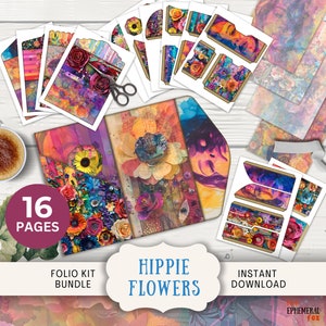 Journal folio hippie fleurs indésirables, 16 pages et pochettes numériques à agencer et à agencer, impressions numériques 11 x 8,5 pouces, papier brillant éphémère quilling