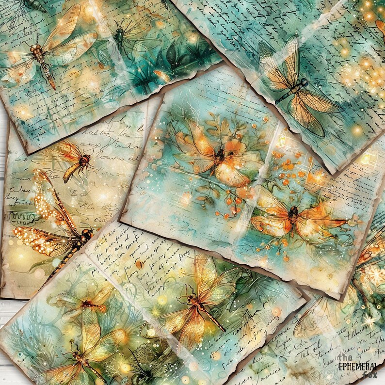 May include: A collage of vintage paper with handwritten text and delicate watercolour illustrations of butterflies. The paper has a distressed, aged look and is decorated with gold glitter.