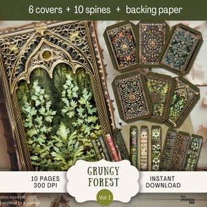 Könnte beinhalten: Ein digitaler Download von 10 druckbaren Seiten mit einem Grunge-Wald-Thema. Die Seiten bieten eine Vielzahl von Designs, darunter Cover, Rücken und Hintergrundpapier. Die Seiten haben eine Auflösung von 300 DPI und sind perfekt, um Ihren Projekten einen Vintage-Touch zu verleihen.