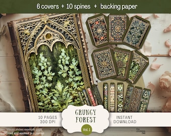 Omslagkit: Grungy Forest Junk Journal omslagen en ruggen Digitale boektopper Afdrukbare leren rug vintage humeurig gotisch donkere bomen GRFR