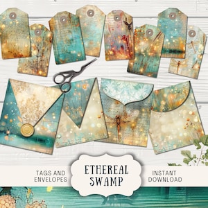 Ethereal Swamp Junk Journal Ephemera Tags & Umschläge, 4 Digital Junk Journal Printable Paper Craft Umschläge, 8 Tags, glühende Glühwürmchen
