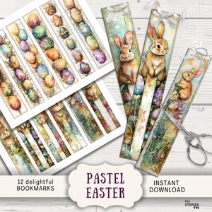 Può includere: Dodici segnalibri pasquali stampabili con uova di Pasqua color pastello, coniglietti e motivi floreali. Il testo "Pastel Easter" è stampato sull'immagine.