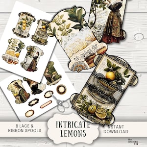 Puede incluir: Ocho imágenes imprimibles de carretes de encaje y cinta de estilo vintage con diseños de limón y flores. El texto "Intricate Lemons" está impreso en la parte inferior de la imagen.