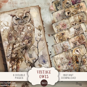 Vintage Eule Junk Journal Seiten 6 Digitales Scrapbook Papier 11 x 8.5" Art Printable Neutral beige Vögel Wald Herbst Herbst Who1