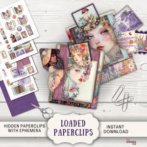 Op de afbeelding: Een verzameling ephemera en geladen paperclips in vintage stijl. De afbeelding toont paperclips, scharen en diverse gedrukte ephemera met bloemen- en portretillustraties in paars, roze en crème. De tekst luidt "Hidden Paperclips with Ephemera" en "Loaded Paperclips".