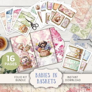 Diário de lixo Animals in Baskets Folio, 16 páginas digitais para misturar e combinar e bolsos, 11 x 8,5" para impressão digital, raposa, gatinho, tigre, esquilo