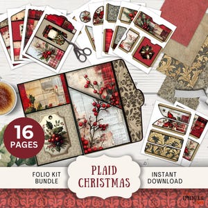 May include: A digital scrapbooking kit with 16 pages featuring a plaid Christmas theme. The kit includes a folio kit bundle, instant download, and images of red berries, plaid patterns, and gold accents.