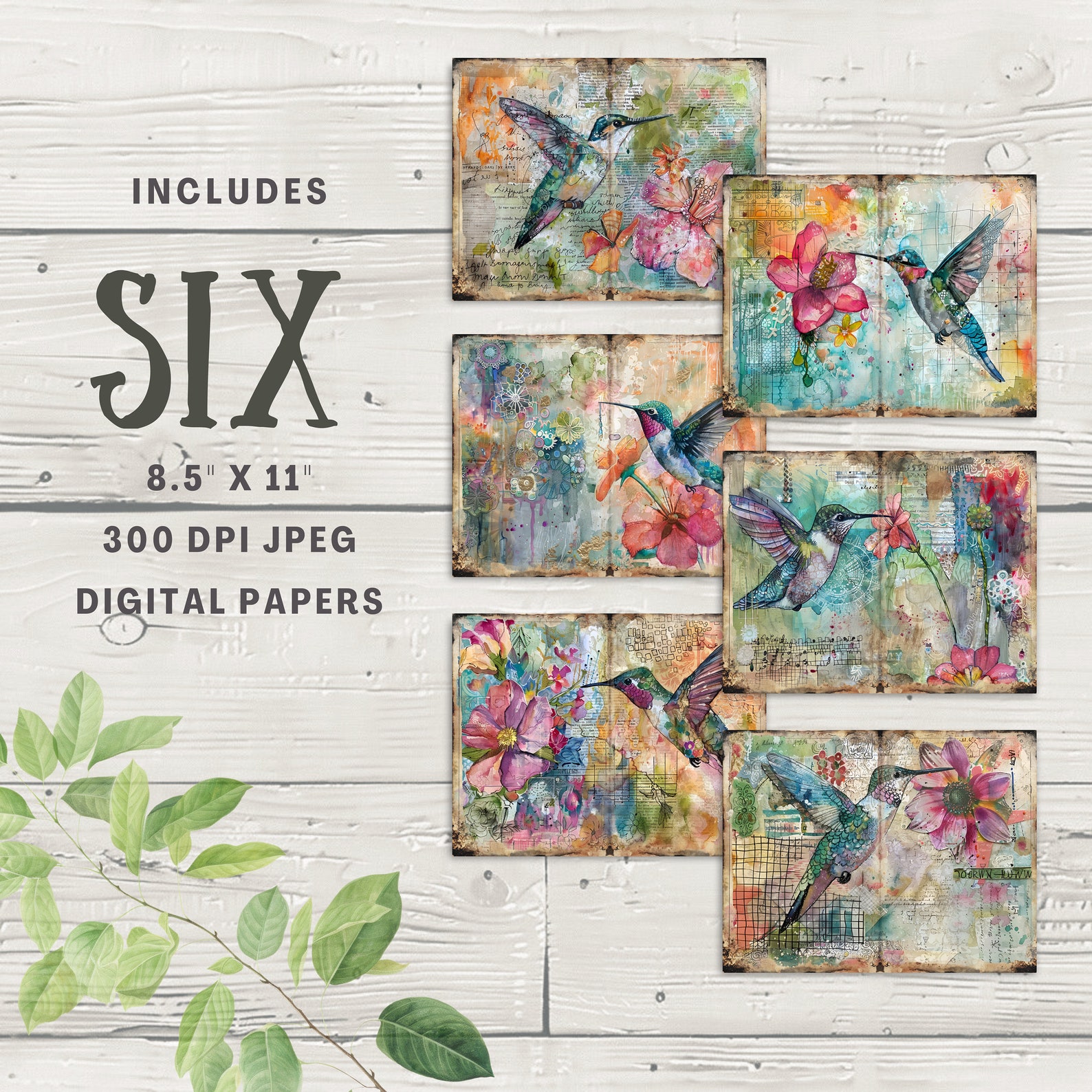 Patchwork Hummingbird Junk Journal Pages, 6 Digital Scrapbook Paper 11x ...