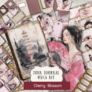 Könnte beinhalten: Eine Sammlung von Junk-Journal-Ephemera mit dem Thema Kirschblüte. Das Bild zeigt eine Frau in einem rosa Kimono, die einen Fächer hält, zusammen mit verschiedenen Papierelementen, Etiketten und einem Buch mit einer Pagodenillustration.