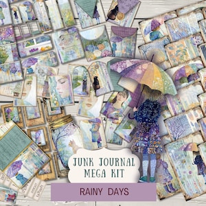 Rainy Day BUNDEL Junk Journal Kit Afdrukbaar papier Tags Tickets enveloppen vintage minikaarten filmetiketten driebladig folio megapastel regen PARD