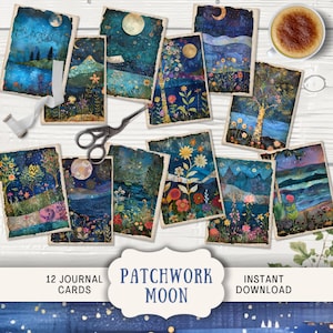 Cartes de journal patchwork lune, 12 cartes de journal numérique indésirable, journal imprimable éphémère, collages floraux lune nuit vintage artisanat en papier