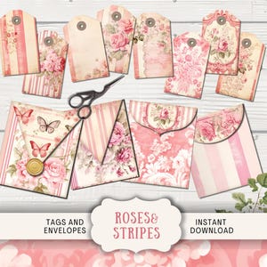 Etichette e buste per effimeri diari spazzatura con rose e strisce, 4 creazioni di carta stampabili digitali, etichette rosa, carta da parati vintage shabby chic ROST