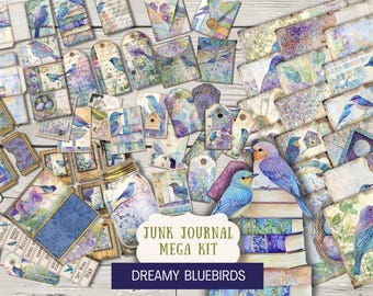 Dreamy Bluebird BUNDLE Junk Journal Kit Printable Papers Tags Tickets envelopes vintage mini-cards film labels folio mega blue bird BBRD