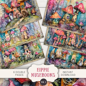 Pages de journal indésirable aux champignons hippies, 6 pages de scrapbooking numérique, 11 x 8,5 po., Journal éphémère imprimable d'art, champignon vénéneux psychédélique groovy des années 70