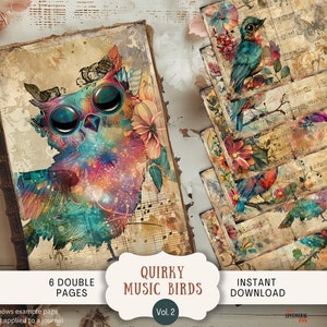 Quirky Birds Junk Journal Pages, 6 Digital Scrapbook Pages, 11 x 8.5&quot; Art Printable Journal Ephemera, Colorful Music Score Funny Birds