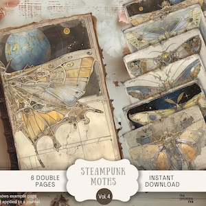 Papillons victoriens Steampunk Junk Journal Pages 6 papiers de scrapbooking numérique 11 x 8,5" Art imprimable vintage neutre insecte Luna Mystic Moth VCMT