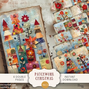 Patchwork Weihnachten Junk Journal Seiten 6 Digitales Scrapbook Papier 11 x 8.5" Art Printable Stoff Boho Boho wunderliche Knöpfe Baum PACH