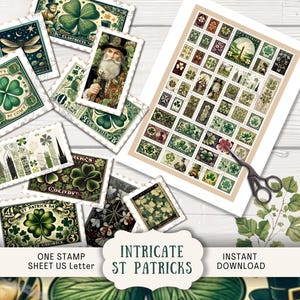 Selos postais falsos de St Patrick, folha de carta dos EUA para impressão de diário de lixo, colagem digital vintage trevo verde trevo irlandês duende SPIP