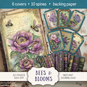 May include: A journal set with a floral and bee theme. The set includes a large book with purple flowers and two bees, along with smaller cards and book spines. The image text reads "Bees & Blooms".
