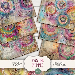 Pagine di diario spazzatura hippie mandala pastello 6 carta per album digitale, 11 x 8,5" diario artistico stampabile effimero vintage batik art journal HIMA1